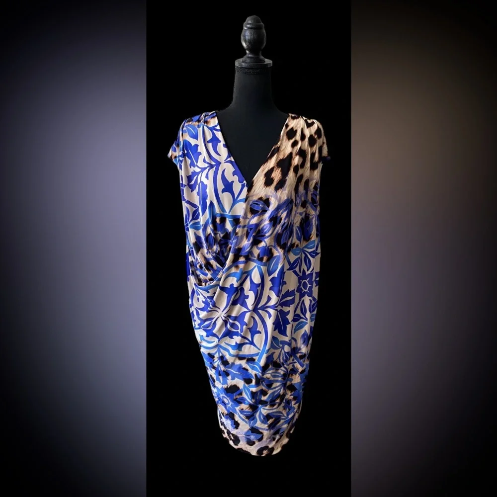 Nine West: Blue V Neck Mixed Animal and Floral Print Dress